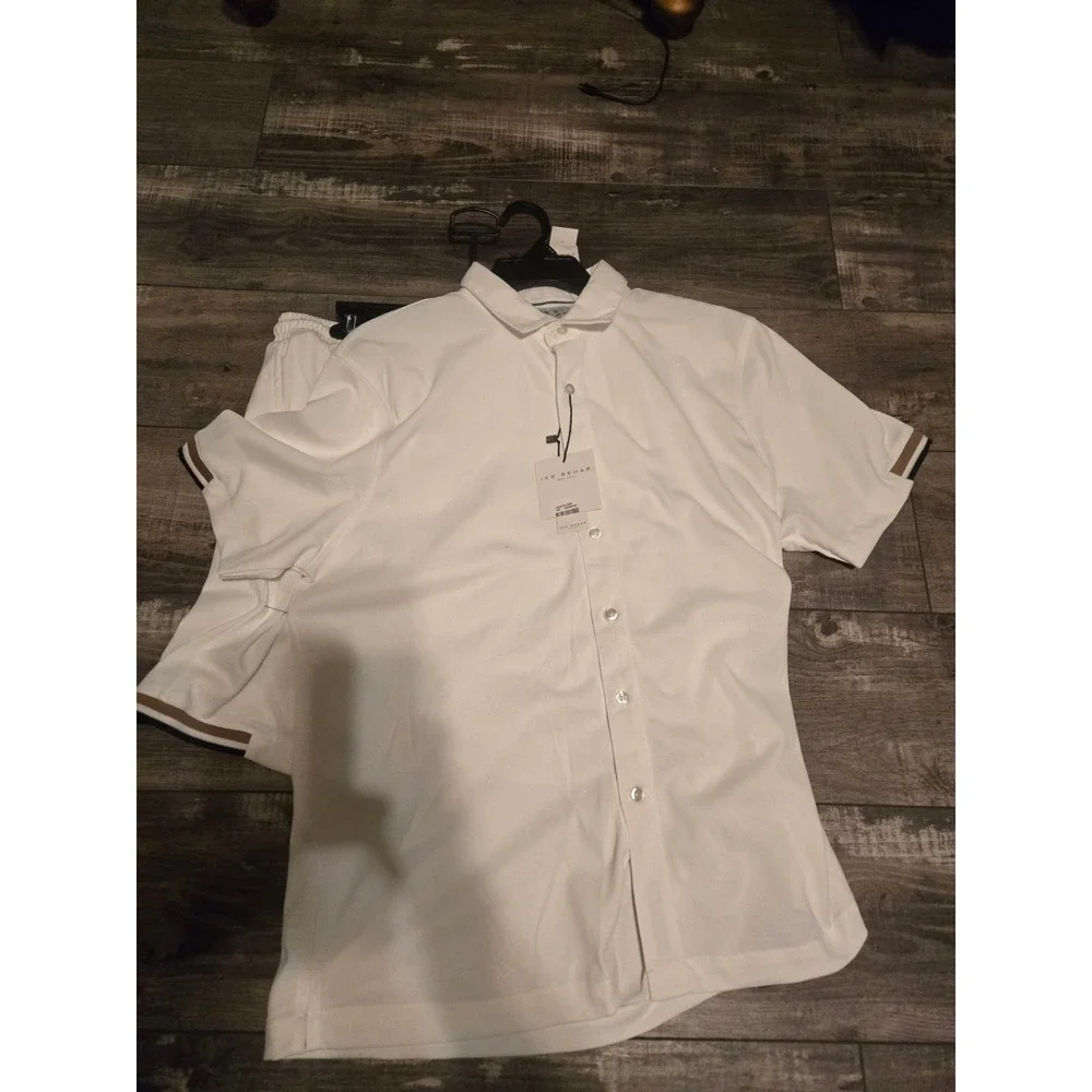 NWT Ike Behar Mens White Cool Knit Button-Front & Short Tennis Set Resort SzL - Picture 1 of 11